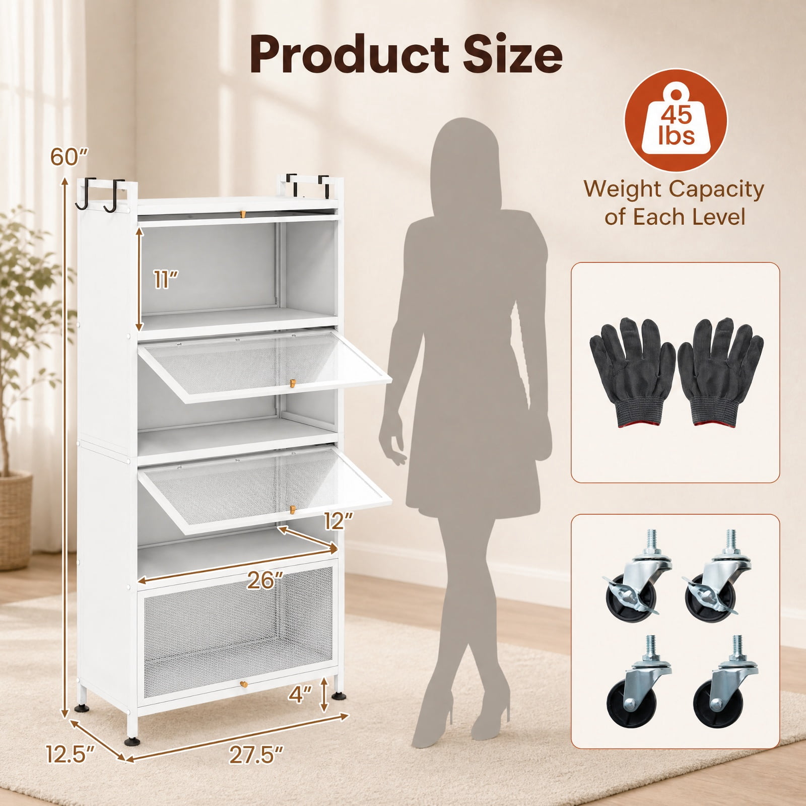 Furnibear 5 Tier Kitchen Storage Cabinet with 4 Flip Up Doors Rolling Wheels and Hooks Tall Metal Pantry for Kitchen and Garage, White