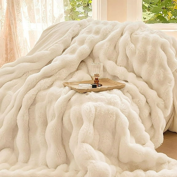 47" x 79" Bubble Throw Blanket - Super Soft Plush Blanket for Couch & Bed, Reversible Fluffy Home Decor Throw Mat in Beige White