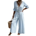 thumbnail image 2 of Wide Leg Pants Women's Fashion Solid V-Neck Short Sleeve Beach Vacation Pockets Button Long Jumpsuit Blue L, 2 of 6