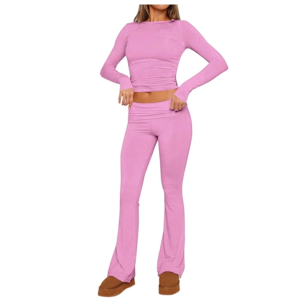 Conjunto informal de mujer de camiseta de manga larga y leggings acampanados de cintura baja - 92 % mezcla de viscosa, ajuste elástico, yoga/lounge/comodidad para todo el día