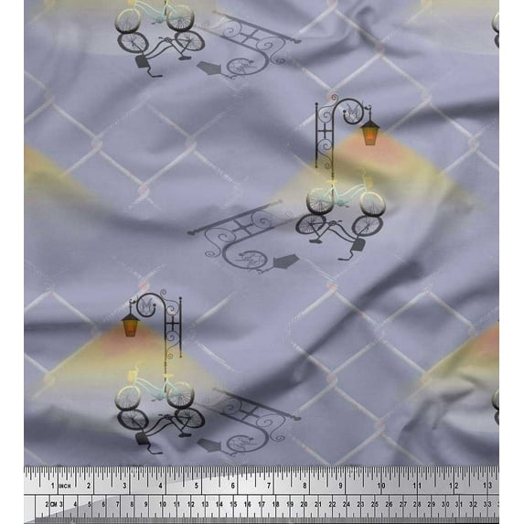 Soimoi Japan Crepe Satin Fabric Street Lamp,Bicycle & Iron Net Vintage Print Fabric by the Yard 42 Inch Wide