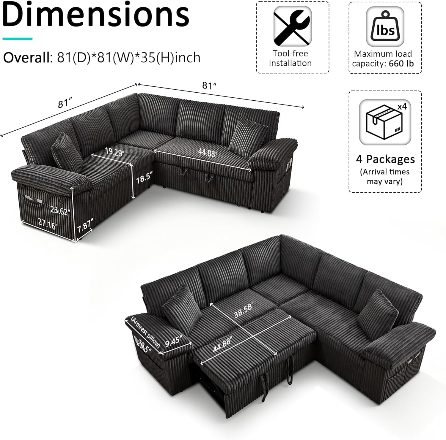 TiramisuBest 81'' Modular Sectional Sofa, Convertible Sleeper Sofa Bed with Pull Out Couch, Corduroy V Shaped Sectional Couches with Storage Seat for Living Room Bedroom (Dark Grey)