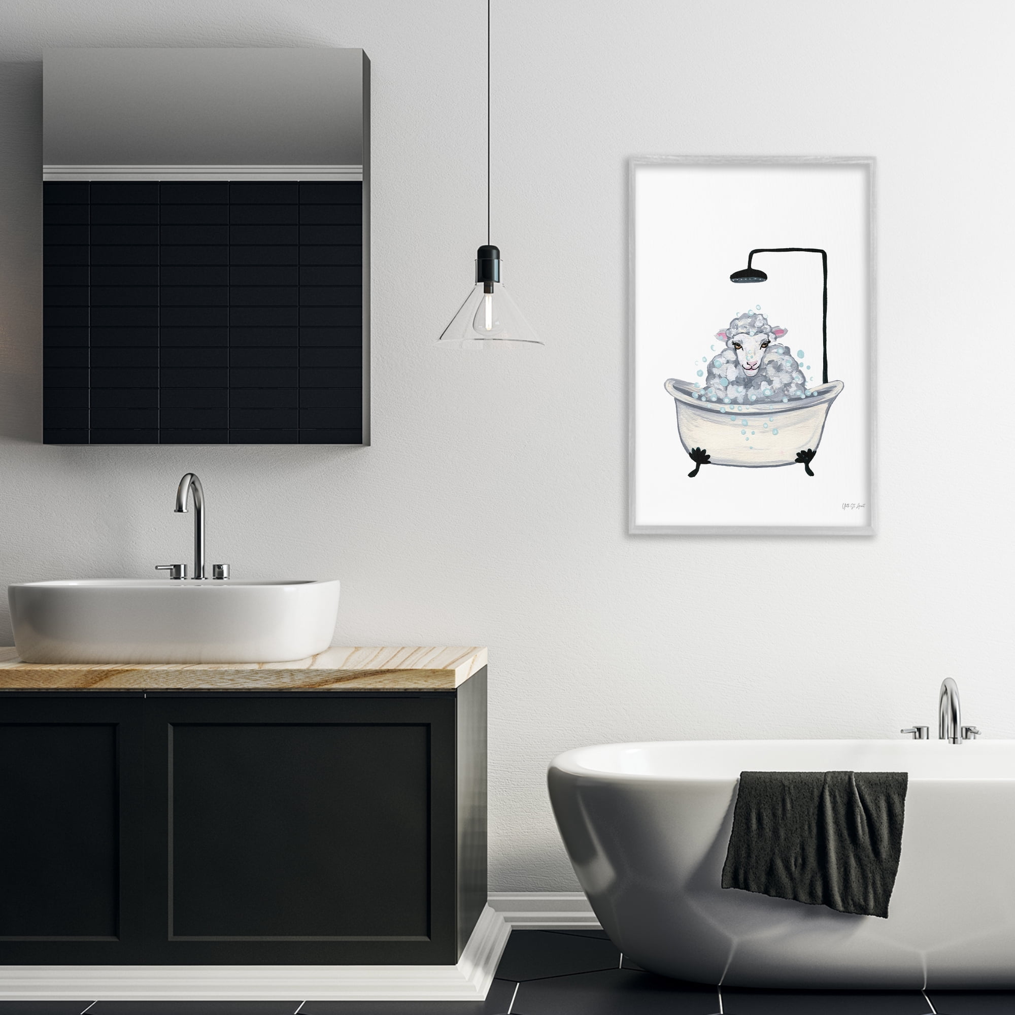 Stupell Industries Farm Sheep Bathtub Typography Painting Gray Framed Art Print Wall Art, 20 x 30