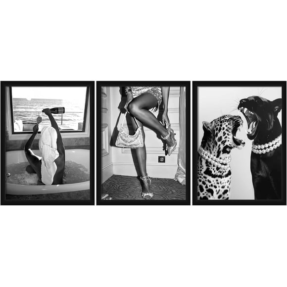 Affiche Murale Vogue 3 Pcs, Déco Murale Noir et Blanc Impressions Modernes Typographie Mode et Photographie Encadrée, Image d'Affiche Minimaliste pour Salon, Chambre, Salle d'Habillage, Déco de Bar 16 Pouces*24 Pouces