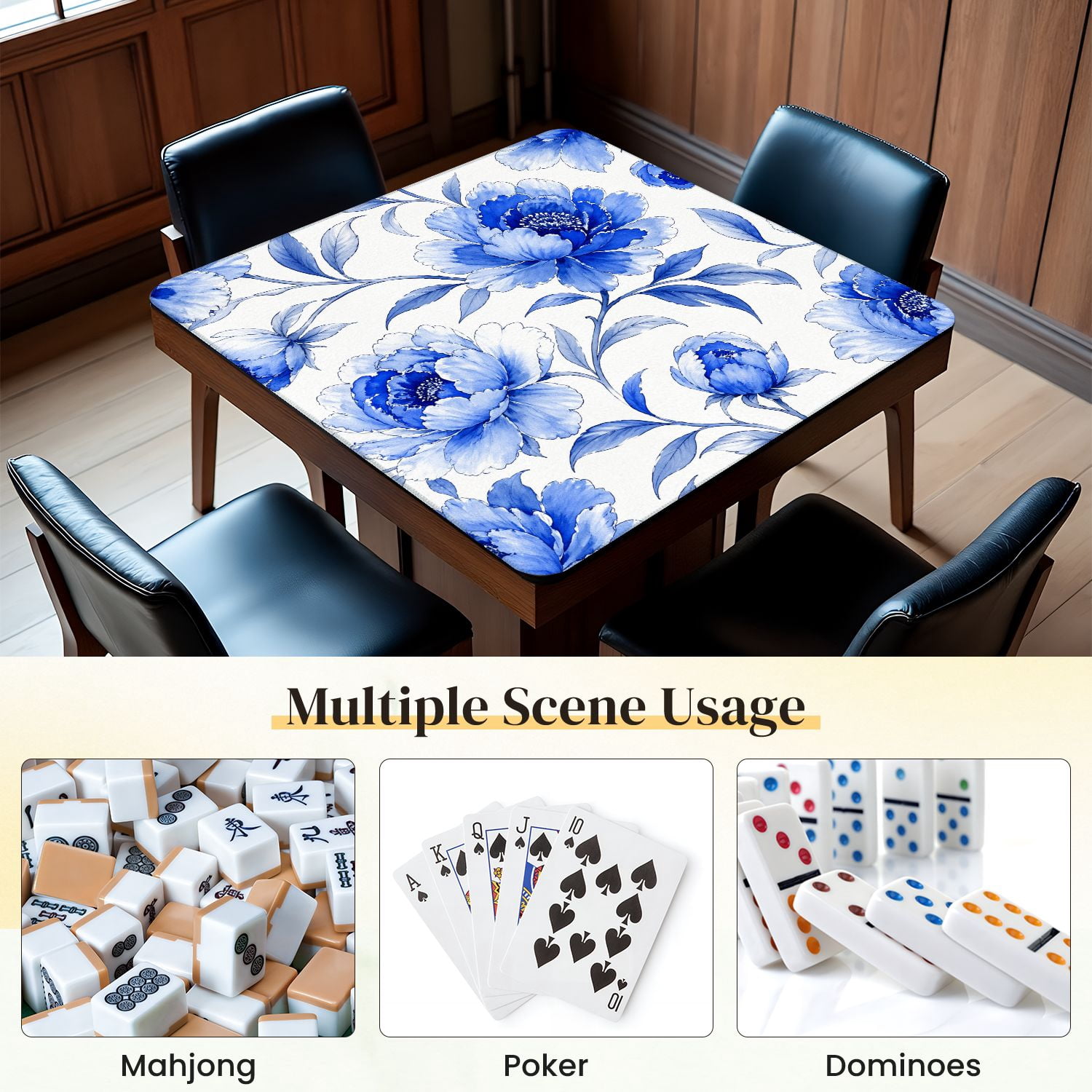 Mahjong Mat 31.5" x 31.5" Blue Floral Abstract Hibiscus Flowers Soft Leaves Non-Slip Noise Reduction Mahjong Tiles Table Cover for Dominoes Poker Card Board and Tile Games
