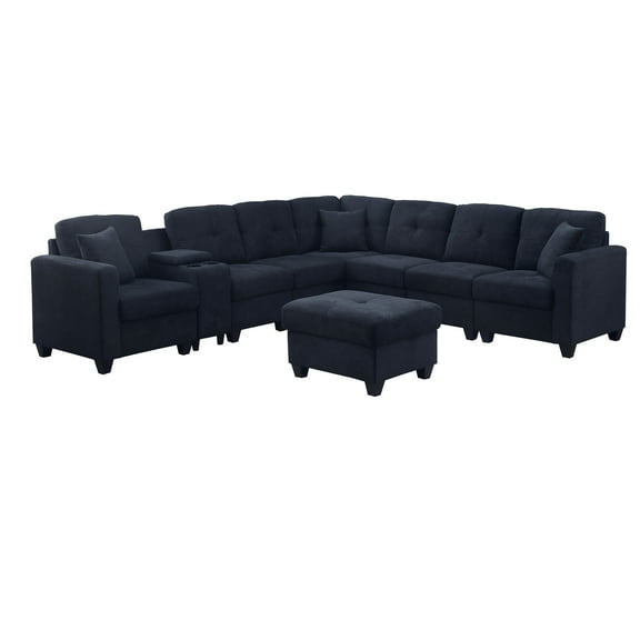 Hybition Modern Convertible Velvet Sectional Sofa with Ottoman&Console Blue