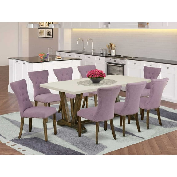 East West Furniture V727GA740-9 9-Pc Dining Room Table Set- 8 Kitchen Parson Chairs with Dahlia Linen Fabric Seat and Button Tufted Chair Back - Rectangular Table Top & Wooden Legs - Linen White...