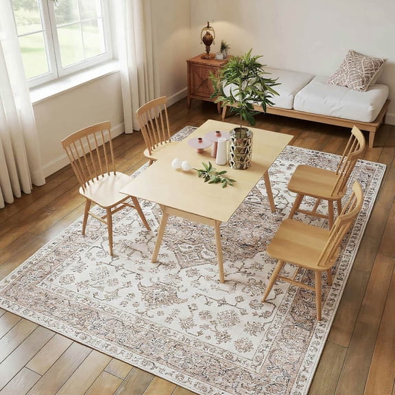 Spaco 8x10FT Area Rug, Vintage Machine Washable Rug, Non-Slip Floor Carpet for Indoor as Living Room, Bedroom, Tan