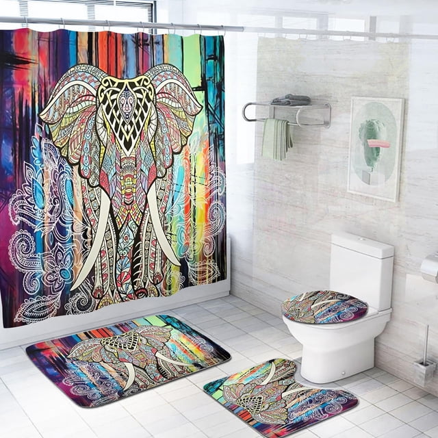 Set de decoración de baño, cortina de ducha con diseño de elefante con diseño de mandala colorido