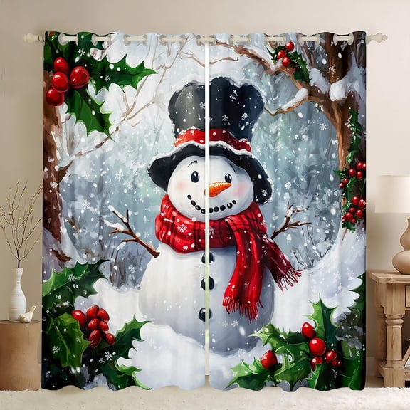 Feelyou Christmas Snowman Black Out Curtains, Winter Wonderland Landscape Curtains Pack of 2 (42x63 Each), Xmas Flower Bedroom Curtains, Curtains and Drapes Bedroom Decor