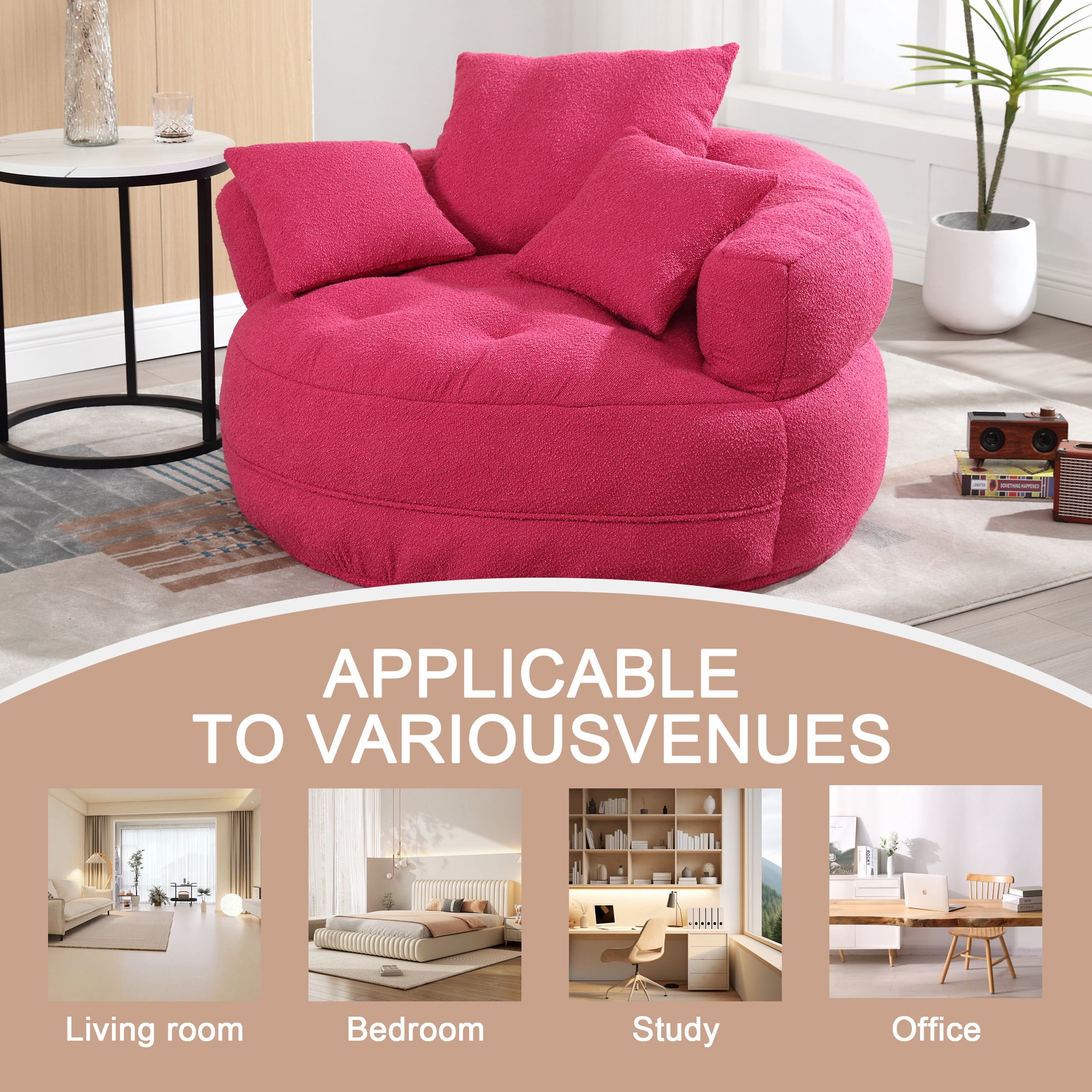 MOONMISS Boucle Upholstered Tufted Soft Barrel Accent Living Room Chair with Toss Pillows-Pink
