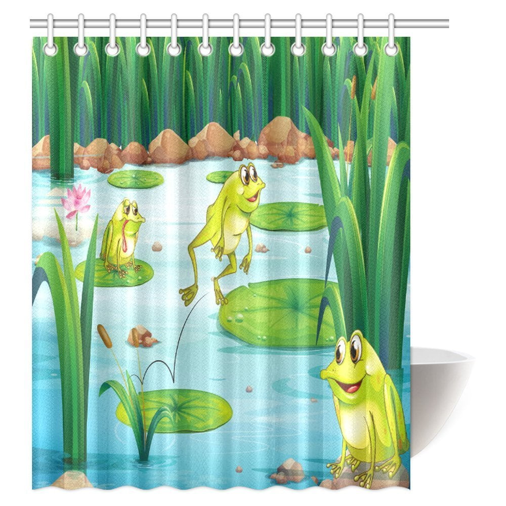 MYPOP Animal Decor Shower Curtain, Cute Frog On Water Lily Nature Lake