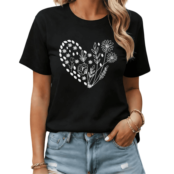 Botanical Heart Silhouette Graphic Tees Womans T shirt Black/White S-5XL Shirts Casual Daily Tops