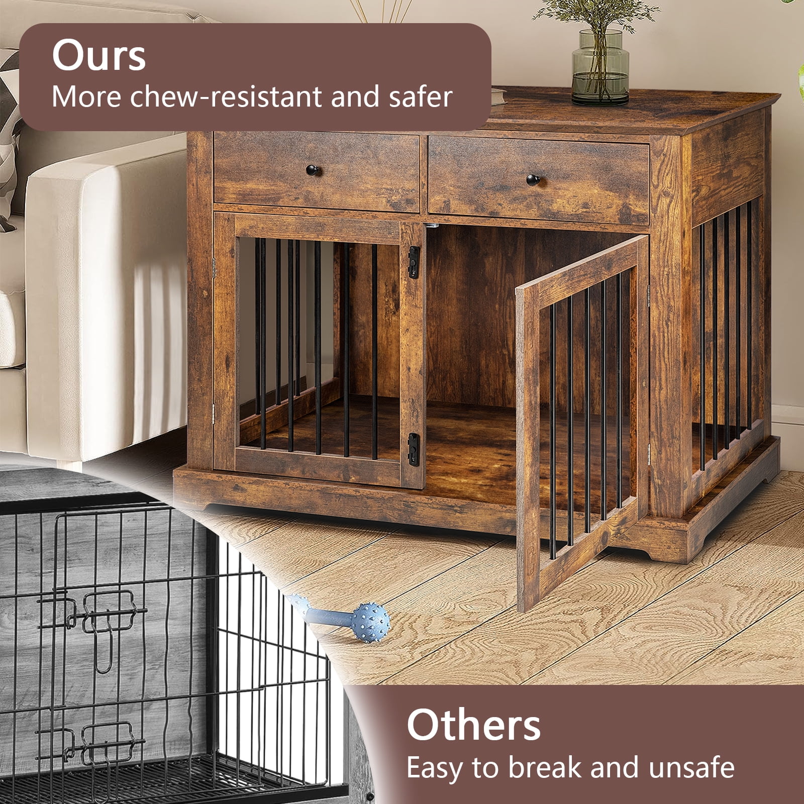Waleaf 44" Large Dog Crate Kennel Furniture with 2 Storage Drawers for inside, Wooden Pet Cage for Medium Large Dogs