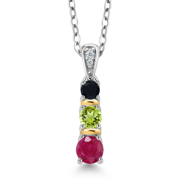 Gem Stone King 925 Silver and 10K Yellow Gold Round Red Ruby Green Peridot and Black Onyx Pendant Necklace for Women (0.66 Cttw, Gemstone July Birthstone, with 18 inch Chain)