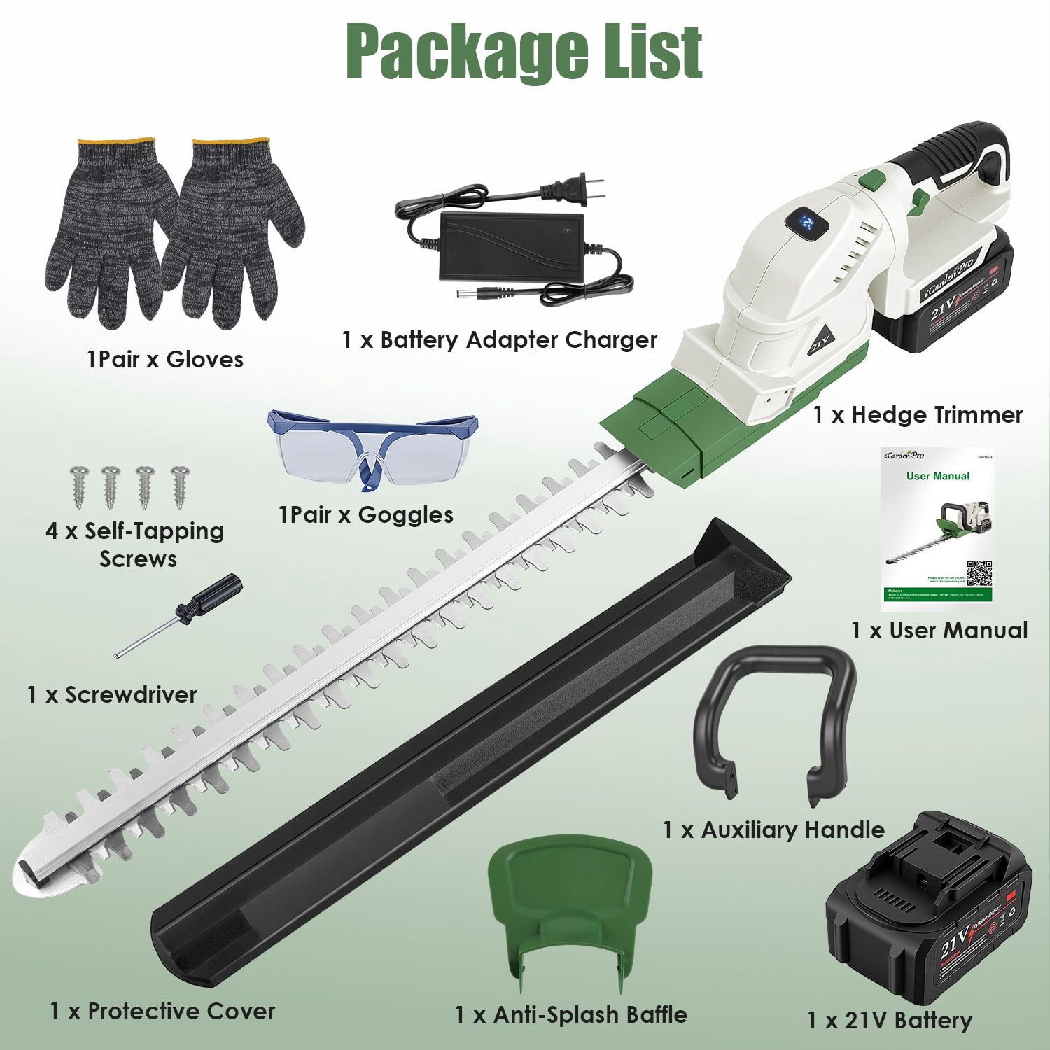 21V 20'' Cordless Hedge Trimmer with Dual-Action Blades, 0.6" Cutting Capacity, ±90° Adjustable Handle & Safety Lock, Electric Bush Shrub Trimmer for Garden Yard  RLB