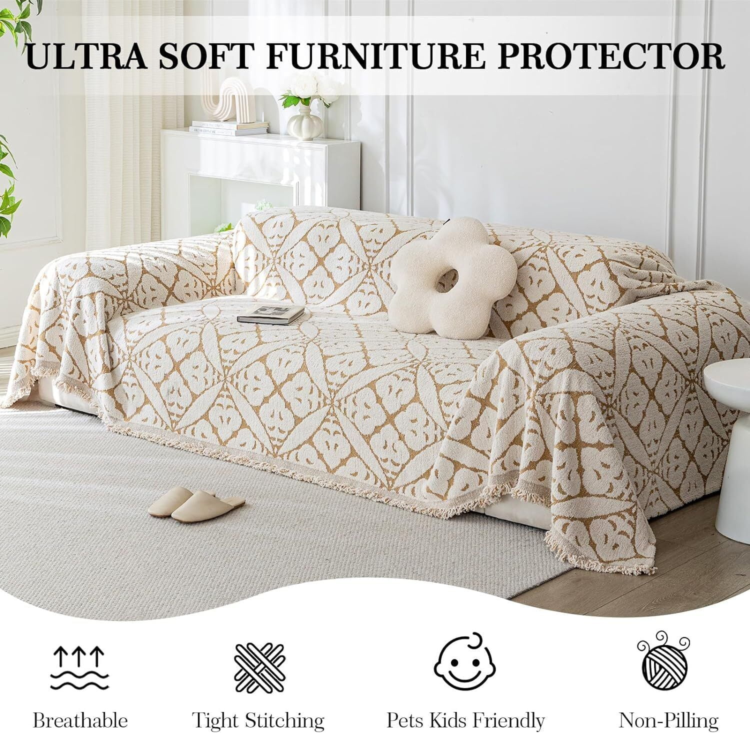TOPCHANCES Chenille Couch Cover Sofa Slipcovers Towel Cover Couch Furniture Pet Protector Throws Blanket  (180*300cm, Khaki)