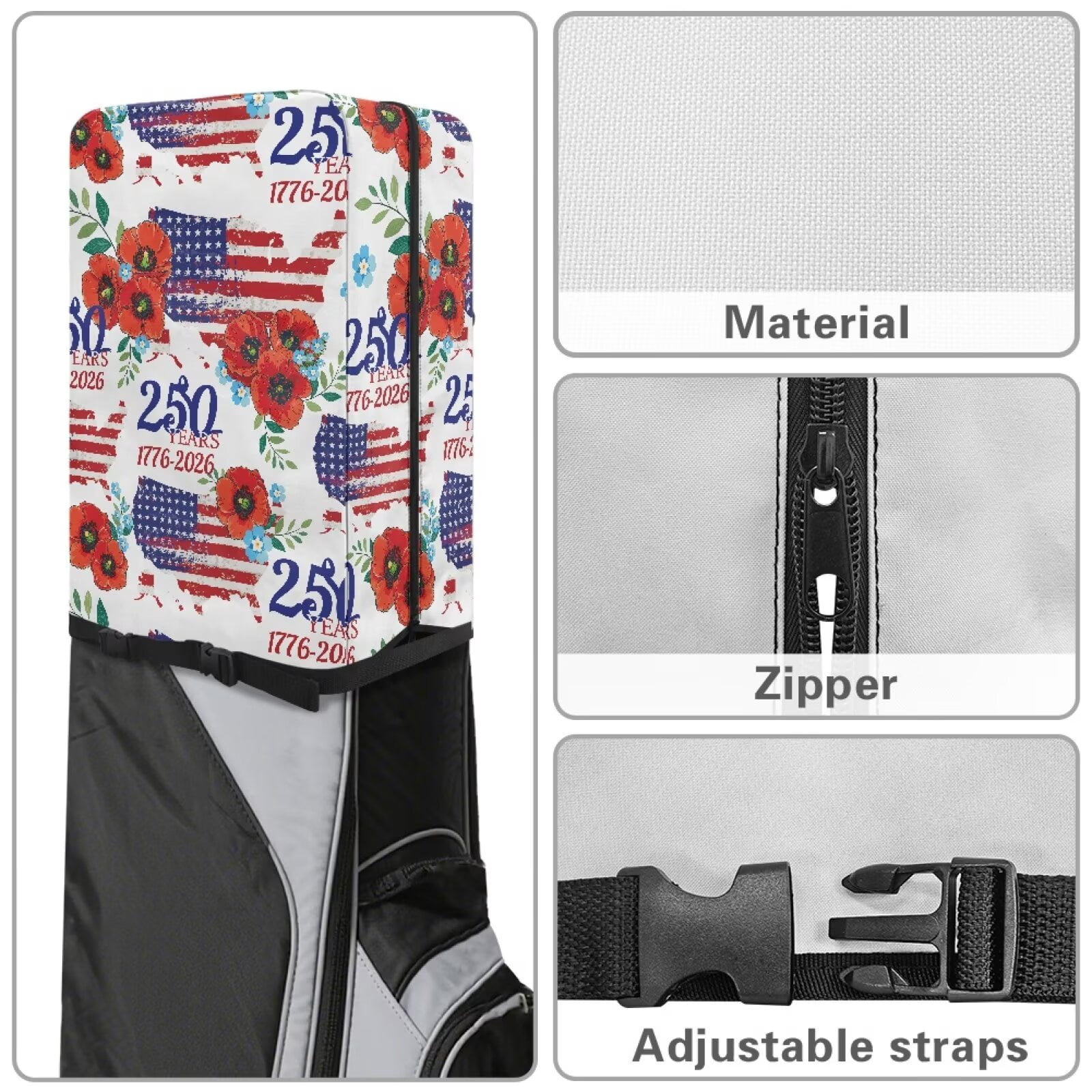 Yuyamidu 250 Years America Golf Bag Hood Cover Waterproof Rain and Dust Covers with Zipper Hibiscus Easy Access and Storage Golf Bag Top Cover