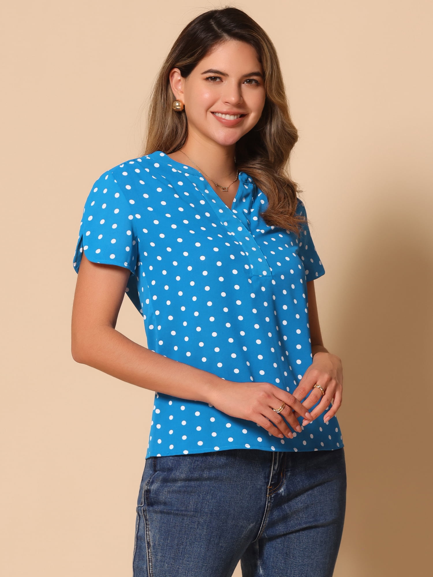 DARING DIVA V Neck Dots Printed Work Office Blouse Top M Sky Blue