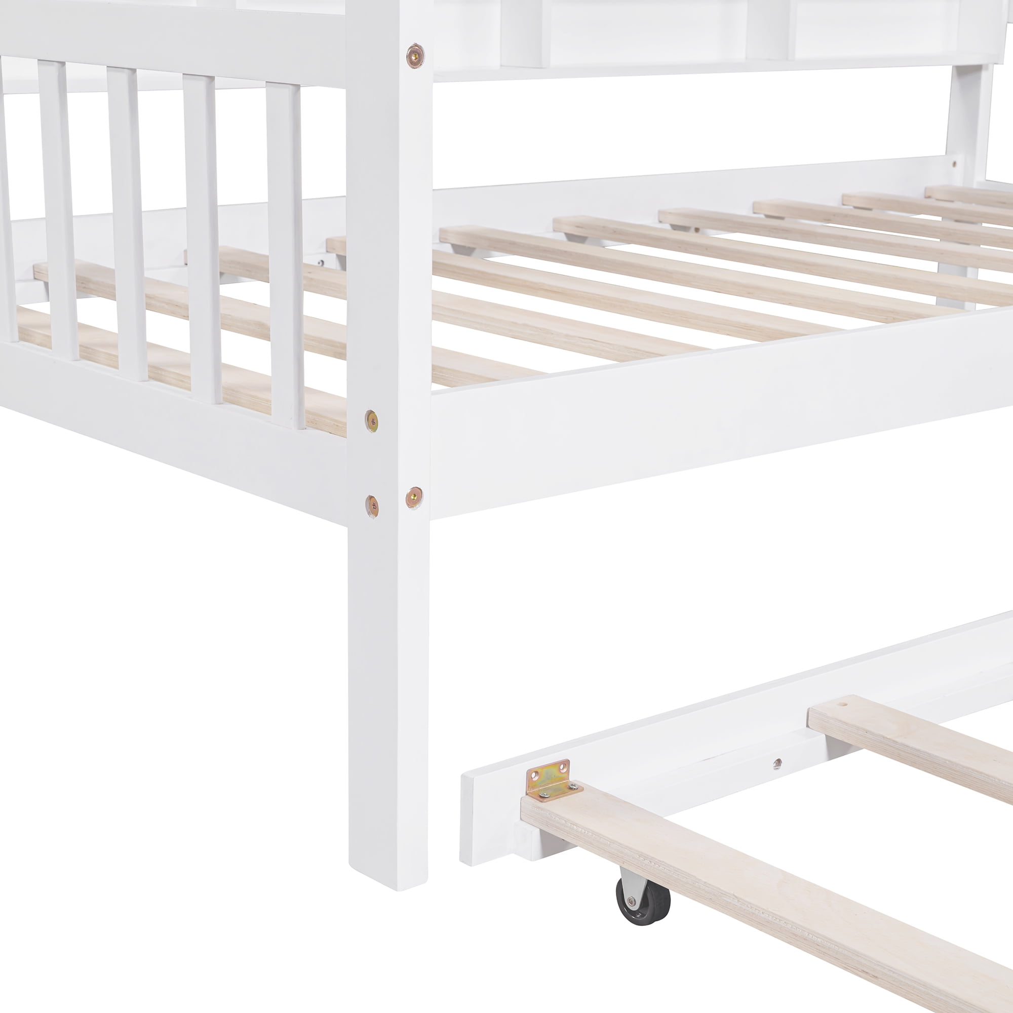 Yoneston Kids Twin Size House Bed with Trundle, Wooden Bed Frame with Storage Shelves and Roof Design, White