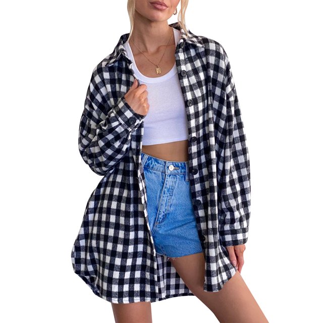 Abrigo de mujer Camisa a cuadros Solapa de lana Manga larga Botones de una hilera Dobladillo irregular Negro XL