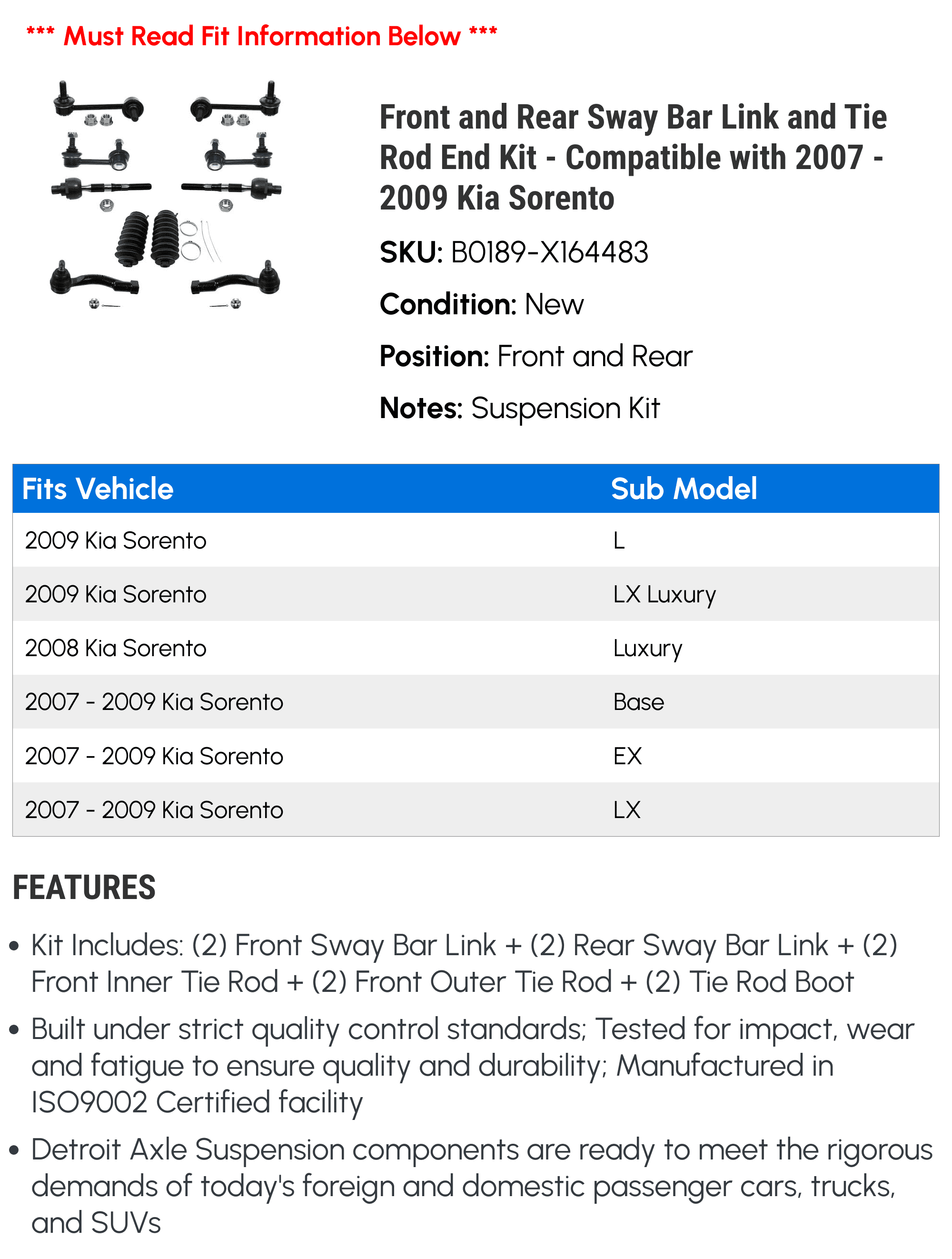 Front and Rear Sway Bar Link and Tie Rod End Kit - Compatible with 2007 - 2009 Kia Sorento 2008