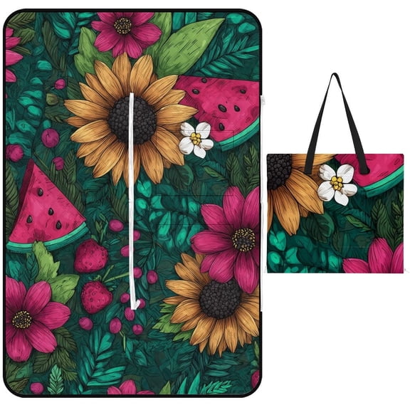 Summer Floral Watermelon Pattern Design Waterproof Picnic Blanket with Foldable Zipper, Suitable for Outdoor Use, Suitable for Travel, Camping, Beaches, Parks, Grasslands, Picnic Blanket Accessories