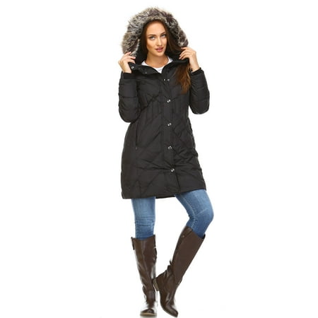 London Fog Petite Faux Fur Hooded Puffer Coat - Black - P-Small