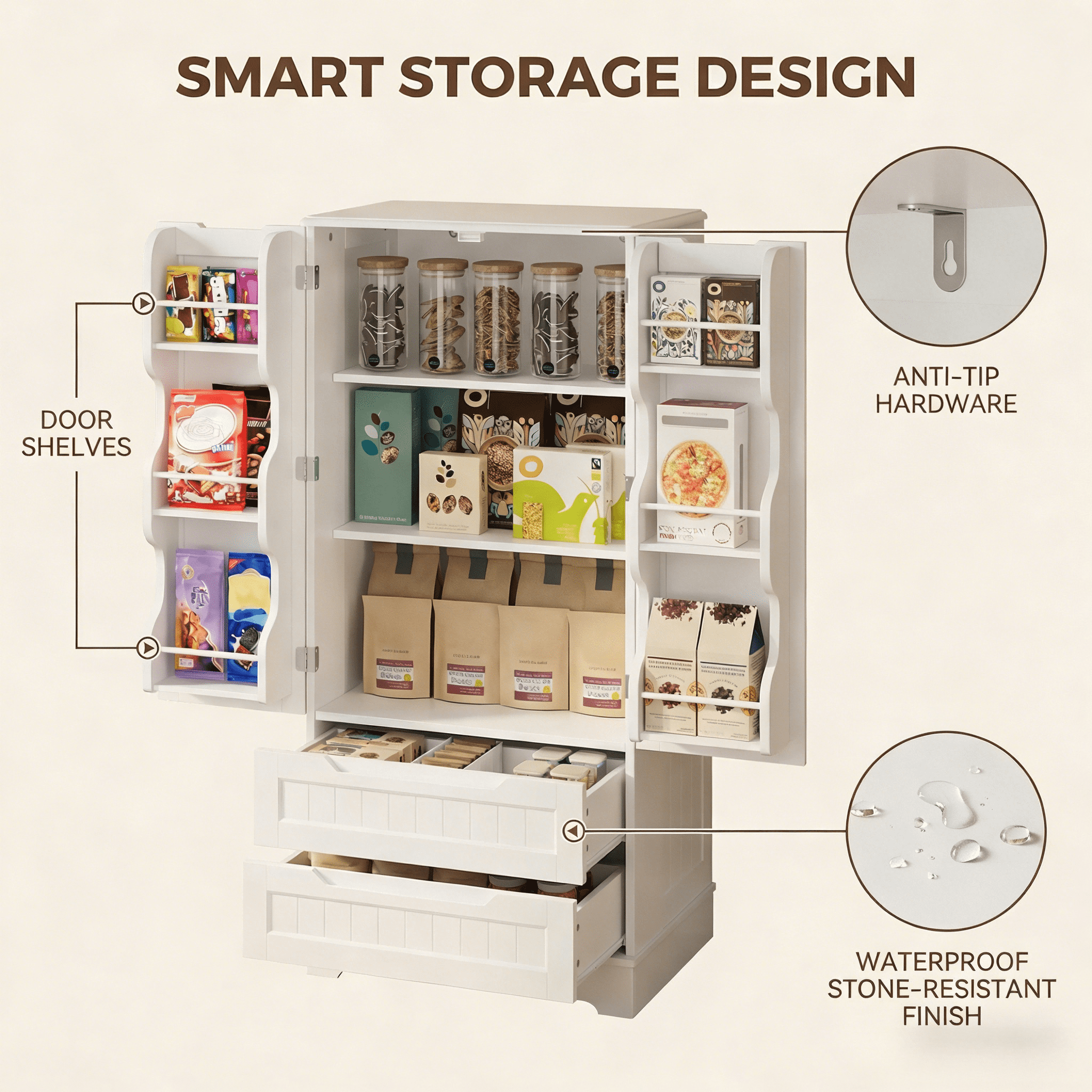 Pantry Cabinet, Lofka 47" Kitchen Pantry Storage Cabinet - 2 Shelves, 2 Drawers & 6 Side Door Shelves - Durable, Magnetic Closure