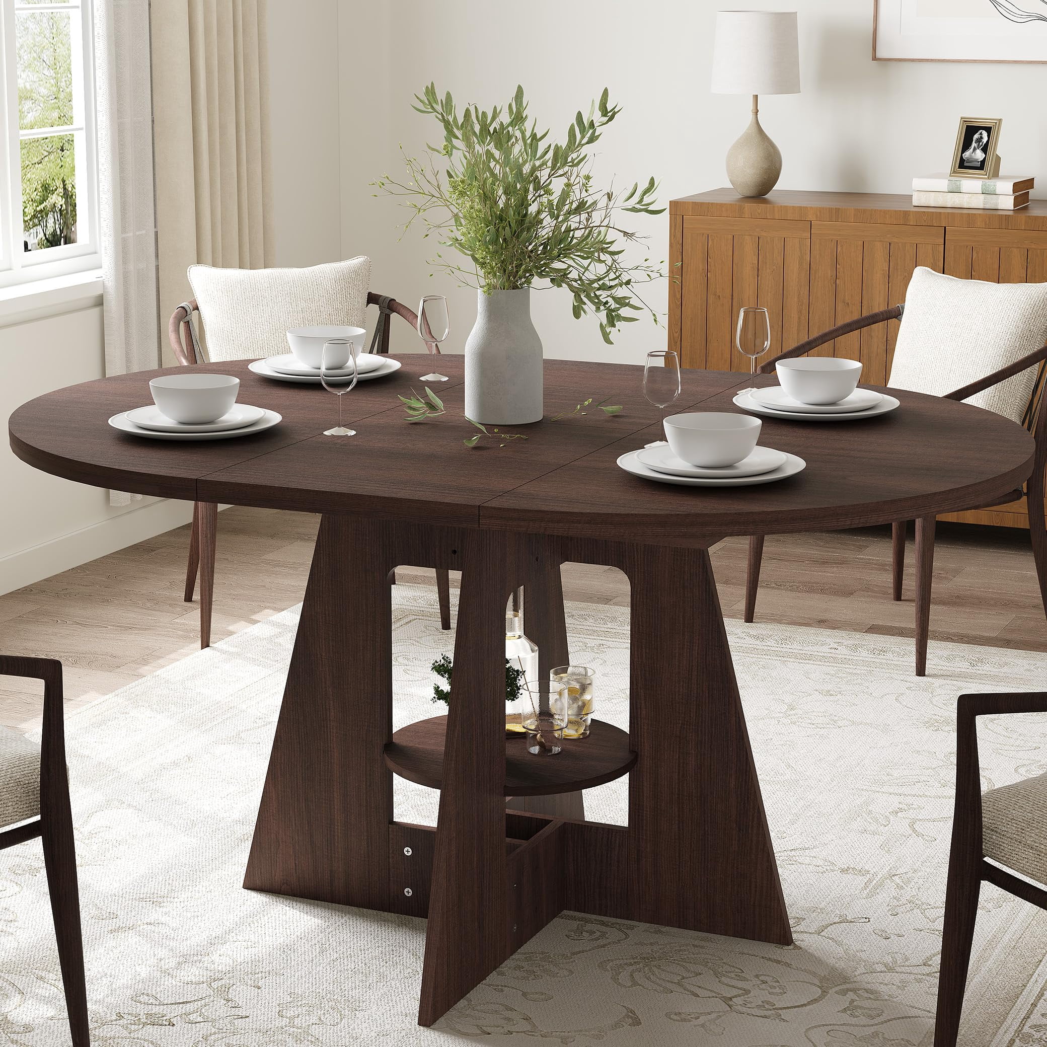 Farmhouse Extendable Round-to-Oval Dining Table, Sliding Rail Extension ...