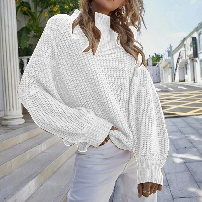 Women's Ribbed Turtleneck Sweater Long Sleeve Knitted Solid Pullover white