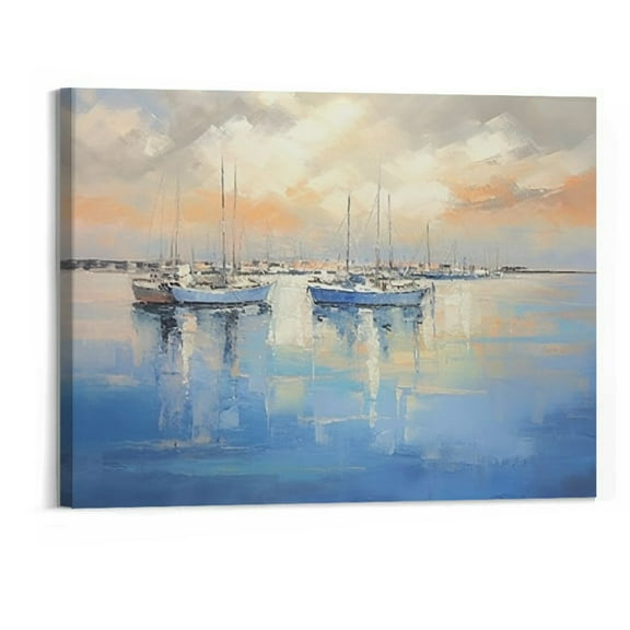 Creowell Wall Decor Living Room Giant Wall Art Coastal Scenery Sailboat Nature Beach Long Horizontal Blue Paintings Office House Kitchen Bedroom Wall Decoration 20x16 Inch