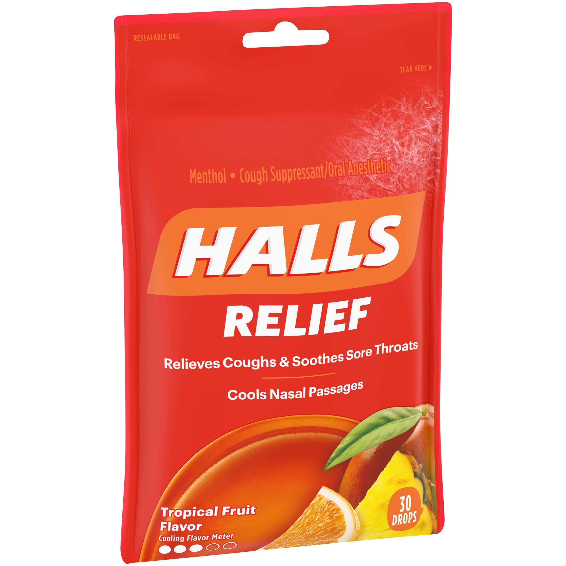 HALLS Relief Tropical Fruit Flavor Cough Drops, 1 Bag (30 Total Drops)