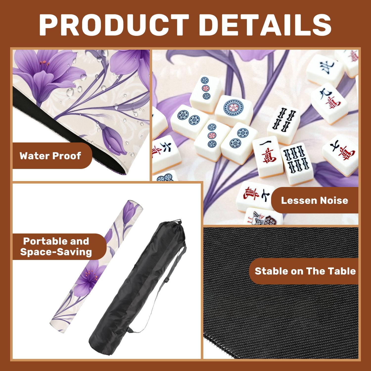 Mahjong Mat 31.5" x 31.5" Purple Floral Elegant Swirls Beige Non-Slip Noise Reduction American Mahjong Tiles Table Cover for Dominoes Poker Card Board Games Gift