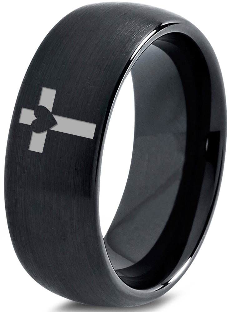 Tungsten Heart Cross Band Ring 8mm Men Women Comfort Fit Black Dome Brushed Polished