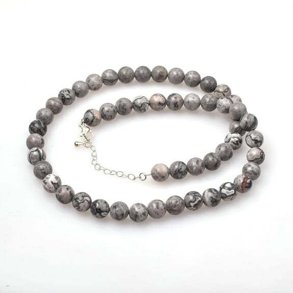Sunburst Natural Grey Map Jasper Gemstone 8 MM Round Smooth Beads Necklace Adjustable Mala Jewelry