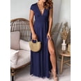 thumbnail image 4 of Women'S Deep V Neck Solid Color Pleated High Waist Slit Club Party Evening Long Maxi Dress Dark Blue XXL, 4 of 7