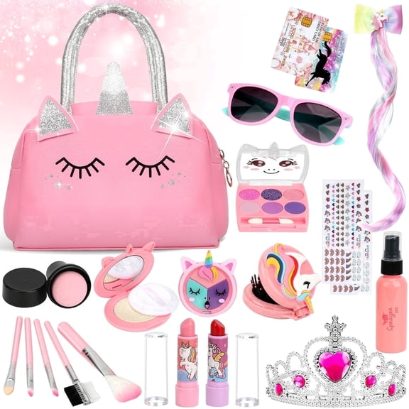 Flybay Pretend Makeup Kit for Girls, Fake Play Makeup Kit for Toddlers 3-5 with Unicorn Purse, Birthday Gift Set for Girls Age 3 (Not Real Makeup)