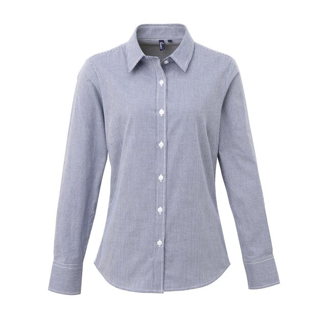 Premier - Camisa de manga larga microcheck para mujer (Azul marino/ Blanco)