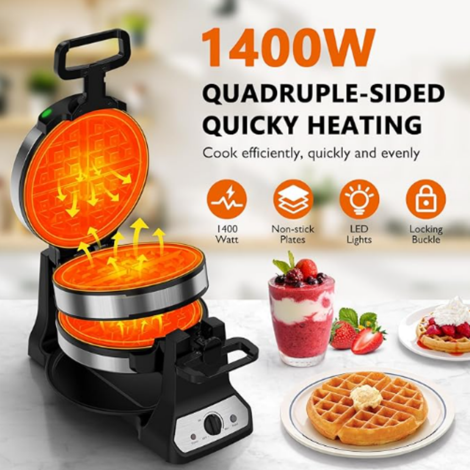 1400W Belgian Waffle Maker, Double Waffle Iron 180° Flip, Rotating Nonstick Plates, Adjustable Browning Control, Locking Buckle & Cool Touch Handle, Removable Drip Tray, Stainless Steel