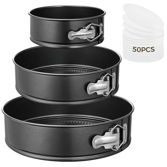 3PCS Springform Pans Set, 8" 9" 10" Nonstick Cake Baking Tools with 50 Parchment Papers, Sturdy Carbon Steel Baking Molds with Locking Buckle Design