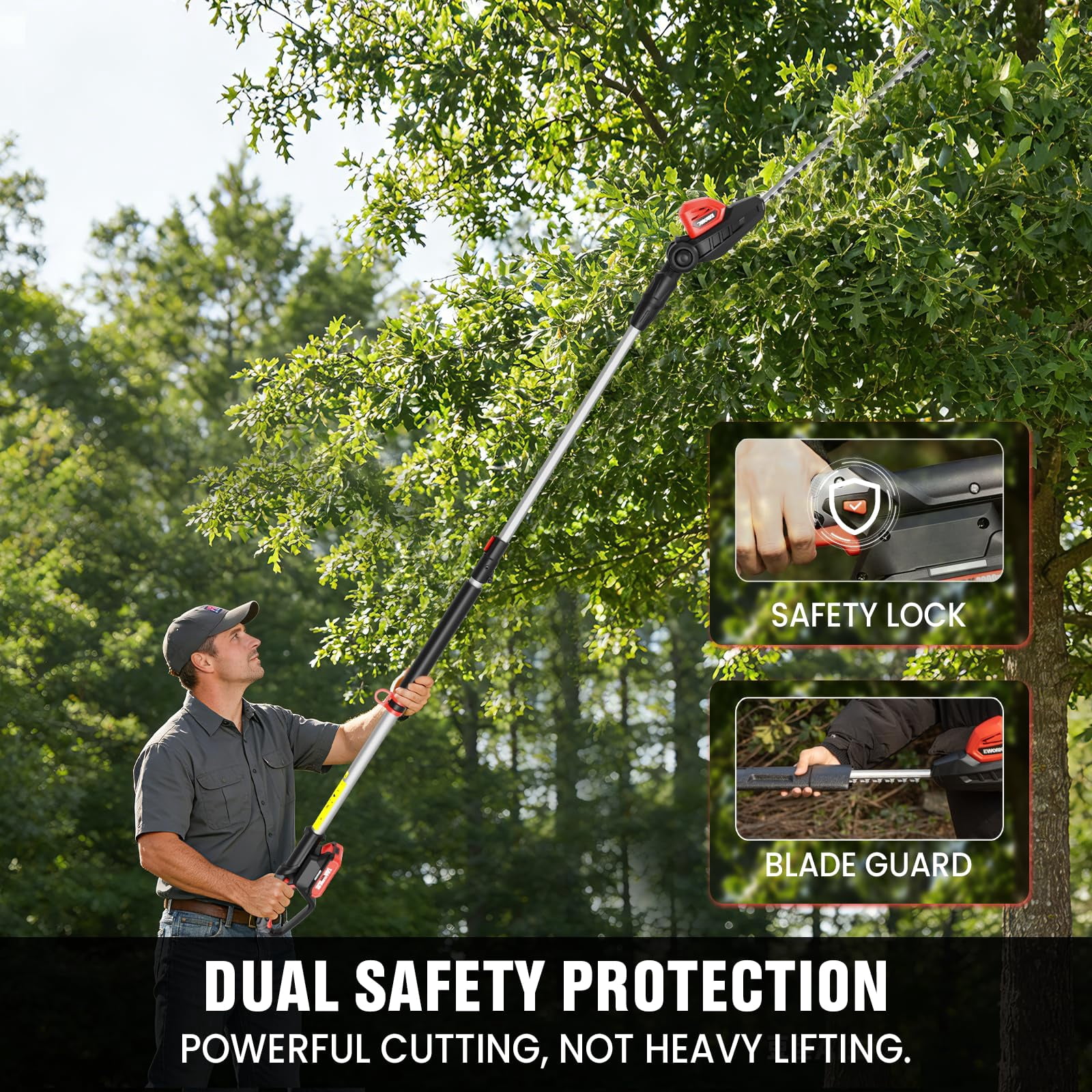 EWORK 20V Cordless Pole Hedge Trimmer, 18-inch Blade, 11-Angle Pivoting Head, 6.3-8.6 ft Reach, 6 lbs, 2 Batteries and Charger Included