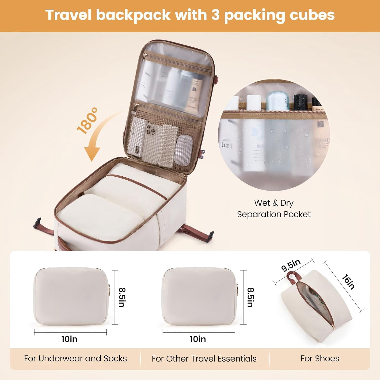 LOVEVOOK 40L Travel Backpack for Women,Personal Item Size Travel Bag with 3 Packing Cubes and 2 Laptop Compartment for Travel Essentials,Carry on Luggage 18x14x8 Airline Approved