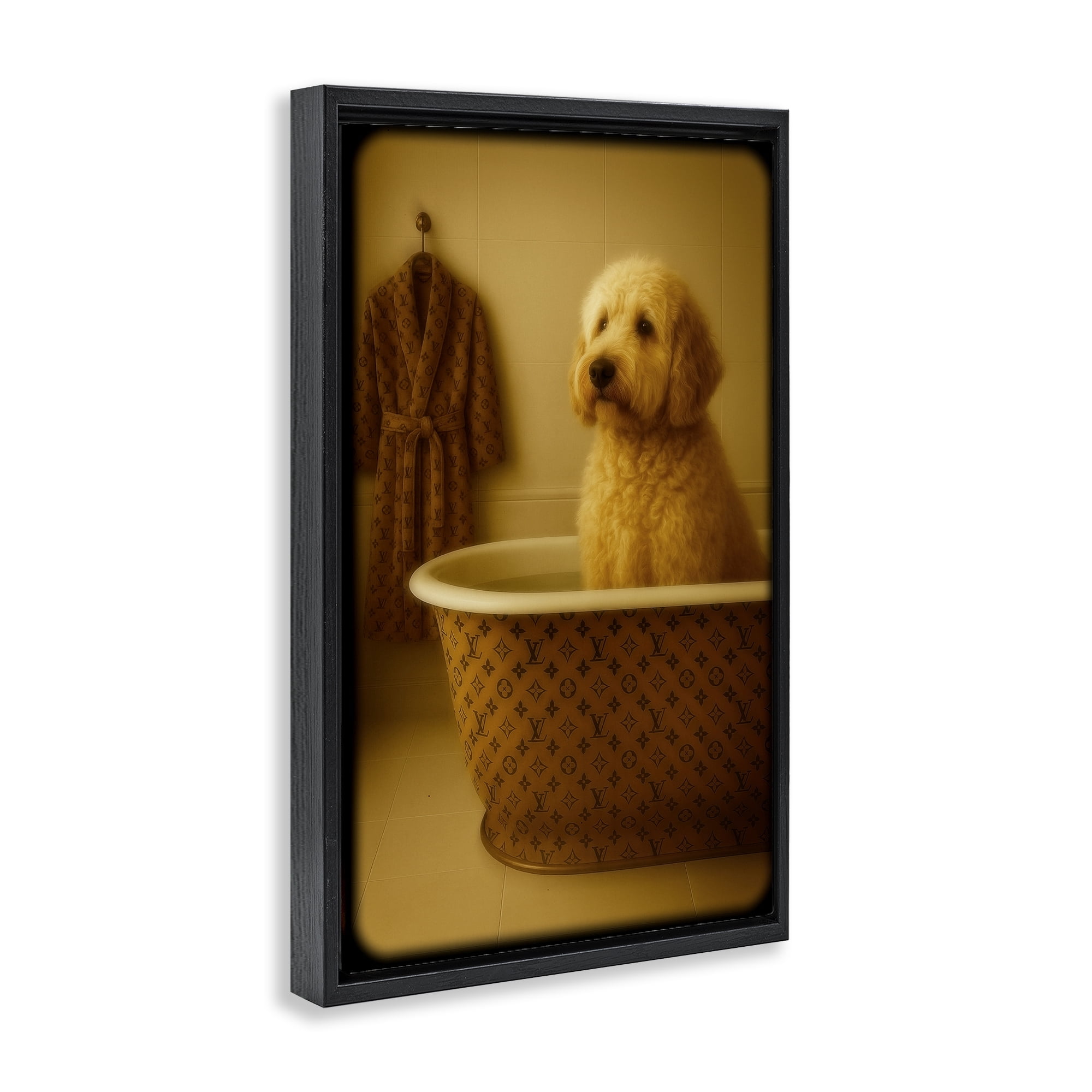 Stupell Industries Couture Dog in Luxury Tub Black Framed Floater Canvas Wall Art, design by Grotto Studios