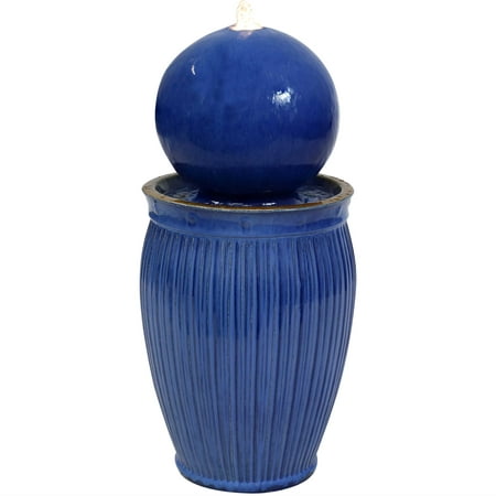 Sunnydaze 29 H Electric Glazed Blue Ceramic Orb on Pedestal Outdoor Water Fountain with LED Light