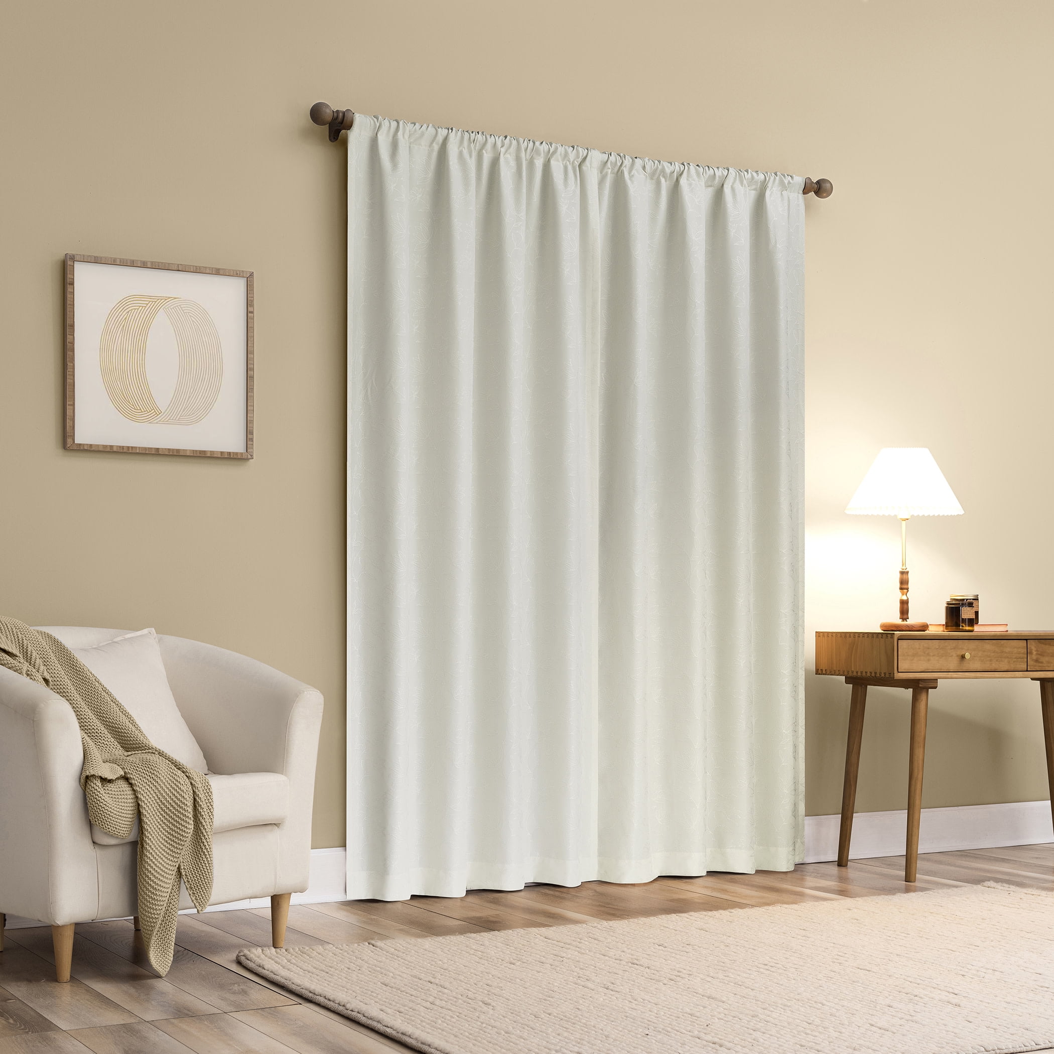 Sun Zero Bronte Floral Jacquard 100% Blackout Rod Pocket Curtain Panel, 50"W X 63"L, Pearl