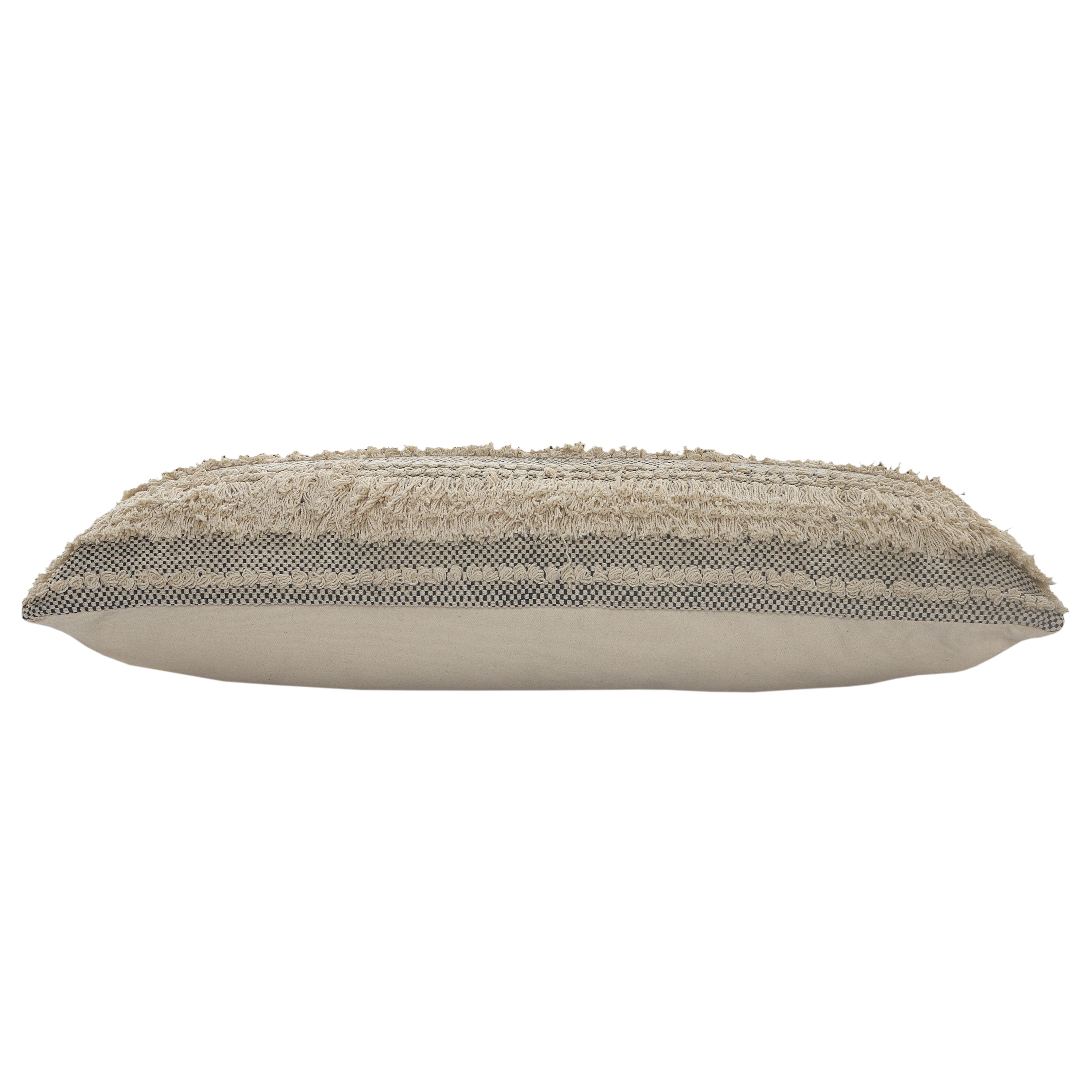 LR Home Elia Natural/Black Striped Cotton Fringed Adult Decorative Lumbar Pillow