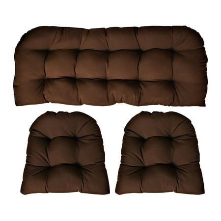 Sunbrella Canvas Bay Brown 3 Piece Wicker Cushion Set - Indoor / Outdoor Wicker Loveseat Settee & 2 Matching Chair Cushions