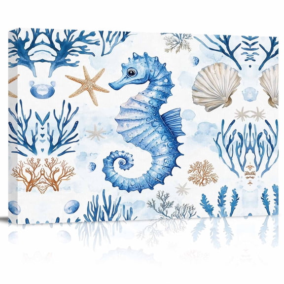 Ocean Seahorse Canvas Print Wall Art Starfish Shell Seaweed Watercolor Pictures Painting Morden Artwork for Living Room Bedroom, Ready to Hang - 12"x16"