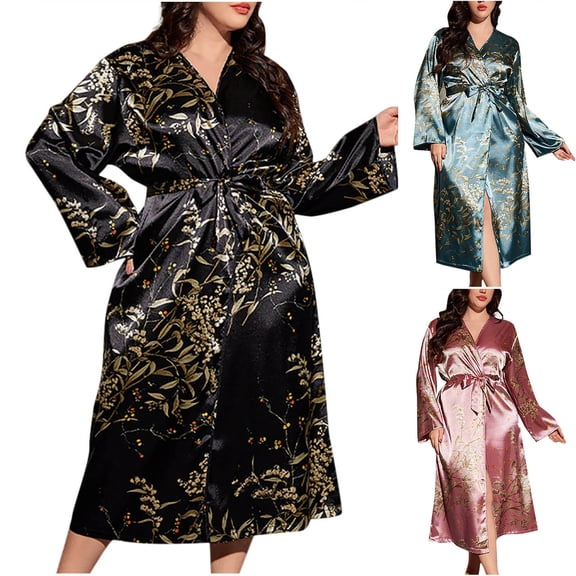 Sakmal Kimono Robes for Women Satin Plus Size Long Bathrobe for Women Cute Black Ladies Robe XXL